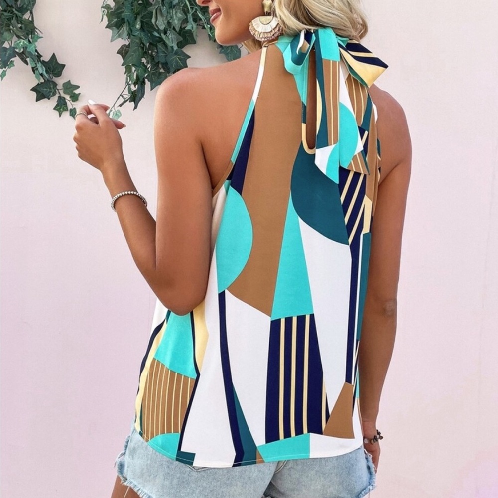 Boho Color Block Geo Abstract Print Halter Tank Top Blouse - Picture 4 of 5